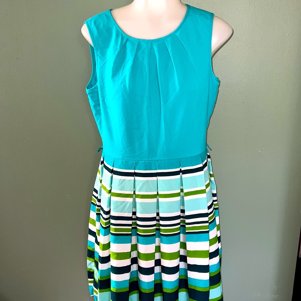 Talbots Teal & Multi-Stripe Pleated Midi Dress